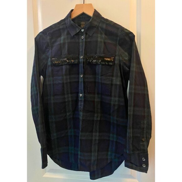 J. Crew Tartan Green Navy Plaid Beaded Chevron Popover Quarter Button Top 2 - Picture 8 of 8